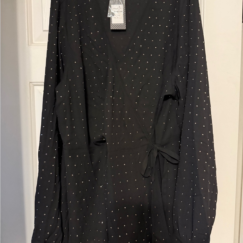 City Chic Black Wrap Blouse with Silver Accents